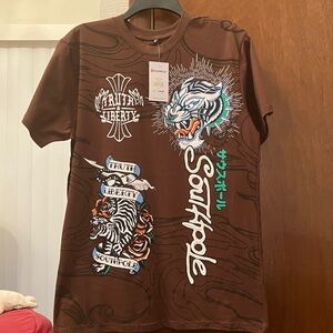 South Pole Brown T-Shirt with Tiger and Rose Design NWT